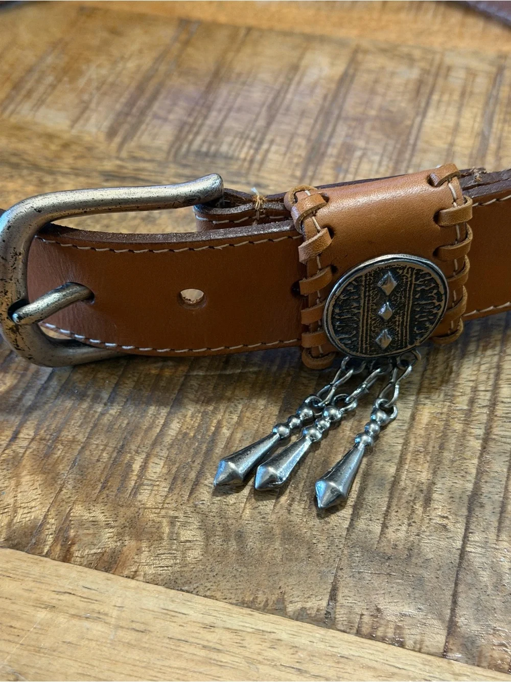 USA Made Brown Leather Belt Southwestern Italian Buckle Embellishment Medium